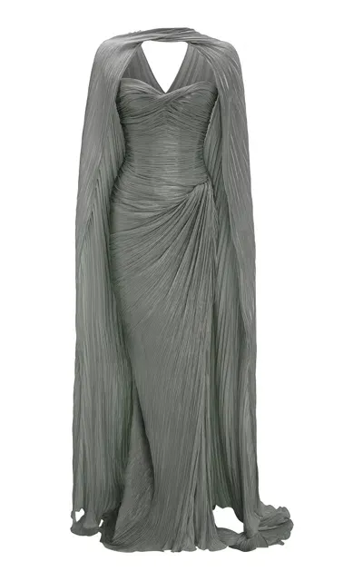 Marmar Halim Pleated Silk Capelet Gown In Grey