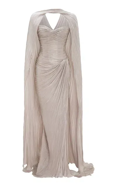 Marmar Halim Pleated Silk Capelet Gown In Nude