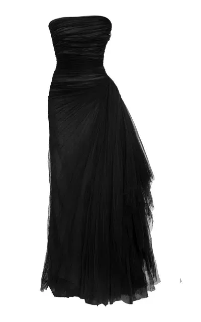 Marmar Halim Side Tail Pleated Tulle Gown In Black