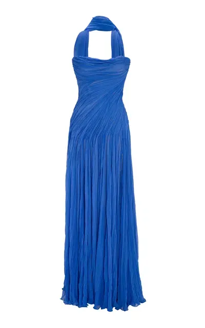 Marmar Halim Strapless Hand Pleated Silk Gown In Blue