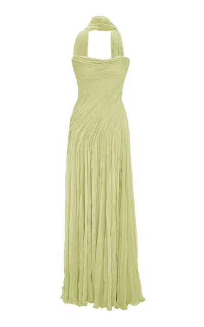 Marmar Halim Strapless Hand Pleated Silk Gown In Green