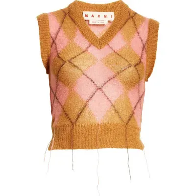 Marni Argyle Mohair Blend Crop Sweater Vest In Brown/pink