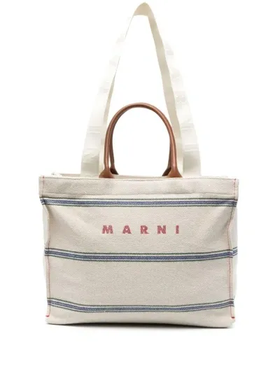 Marni Embroidered-logo Canvas Tote Bag In White