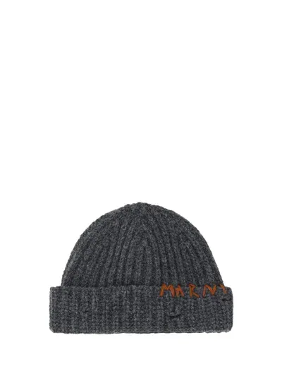 Marni Logo Ribbed Beanie In Granite