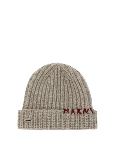 Marni Beanie With Embroidered Logo In Beige