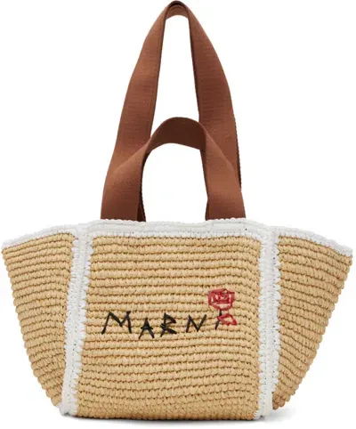 Marni Beige Macramé Sillo Small Tote In Zo761 Natural/white