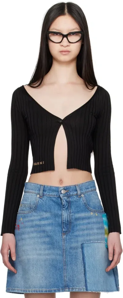 Marni Black Plunging Y-neck Cardigan In 00n99 Black