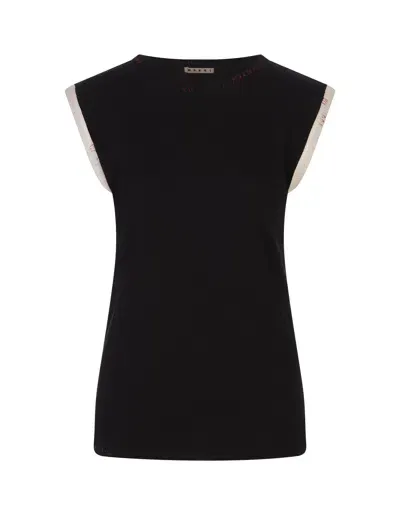 Marni Black Ribbed Sleeveless Top With Red Stitching