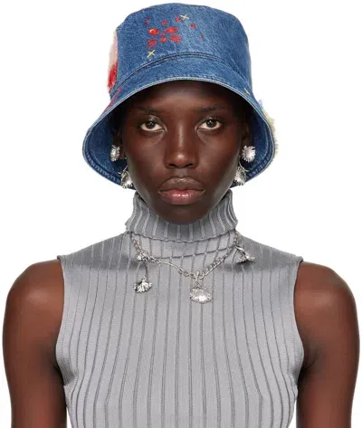 Marni Star-embroidered Denim Bucket Hat In Blue