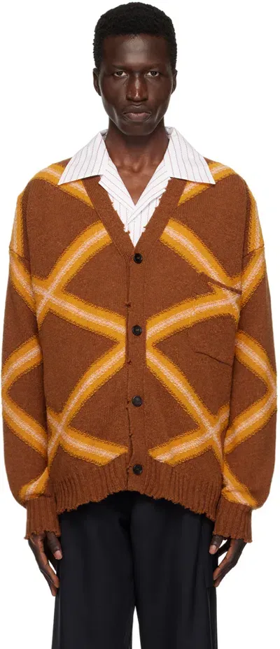 Marni Brown & Orange Broken Macro Argyle Cardigan In Arm36 Nougat