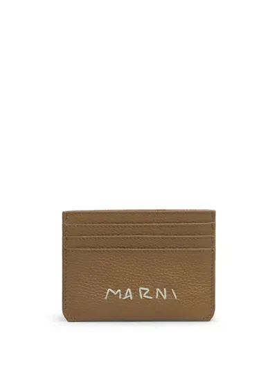 Marni Logo-embroidered Leather Card Holder In Brown