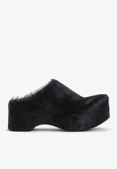 Marni Calf Hair Sabot Slippers In Black