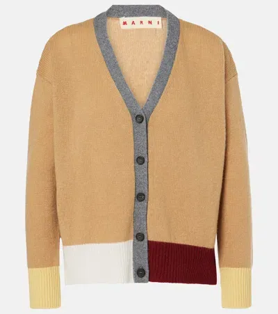 Marni Colorblocked Asymmetric Cashmere Cardigan In Beige