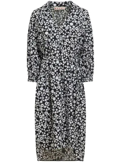 Marni Floral-print Midi Dress In Black