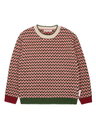 Marni Kids' Geometric-knit Wool-blend Jumper In Red