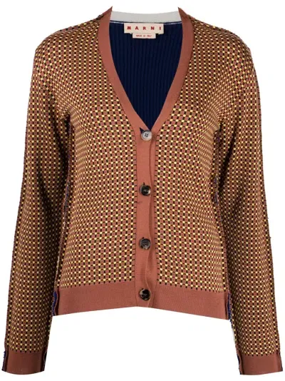 Marni Graphic-print V-neck Cardigan In Brown