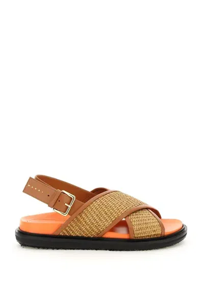 Marni Leather And Raffia Fussbett Sandals In Brown