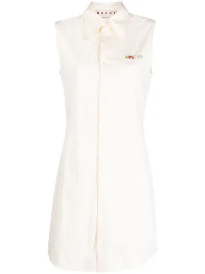 Marni Logo Poplin Sleeveless Shirt Dress In Off-white