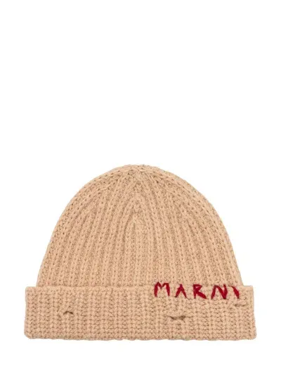 Marni Logo Embroidered Beanie In Beige