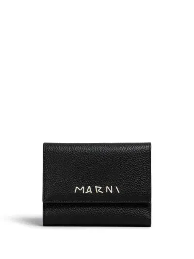 Marni Logo Embroidered Leather Wallet In Black