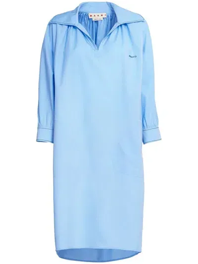 Marni Logo-embroidered Long-sleeve Dress In Blue