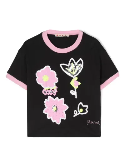 Marni Logo-embroidered T-shirt In 黑色