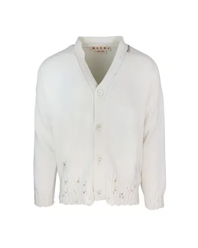 Marni Logo Embroidered V-neck Knitted Cardigan In Lily White