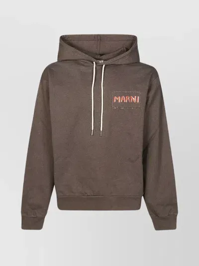 Marni Logo Hoodie Drawstring Hood In Brown