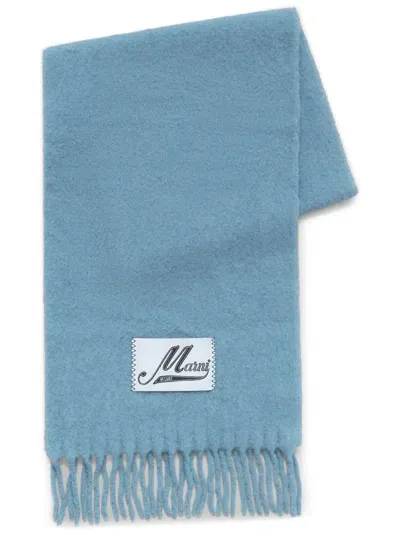 Marni Logo-patch Alpaca Wool-blend Scarf In Blue