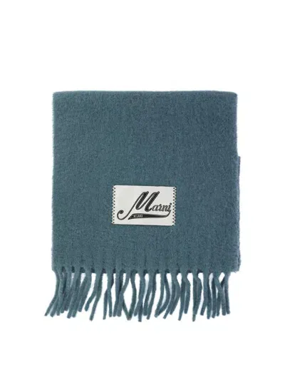 Marni Logo Patch Fringed Scarf In Green