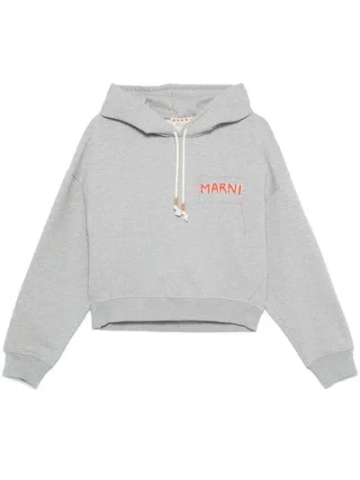 Marni Logo Print Cropped Hoodie In Grey