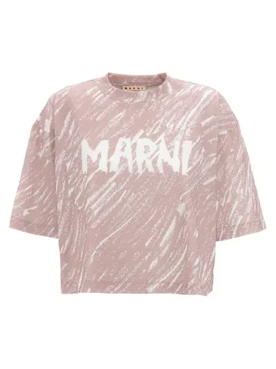 Marni Logo Print Cropped T-shirt Pink In Beige