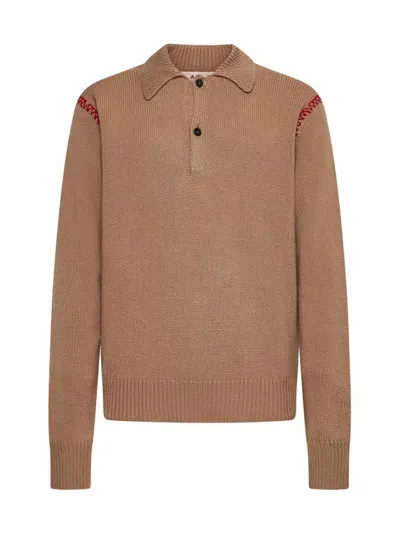 Marni Long Sleeved Knitted Polo Jumper In Brown