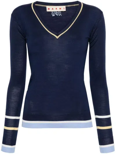 Marni Stripe-detailing Fine-knitted Jumper In Blue