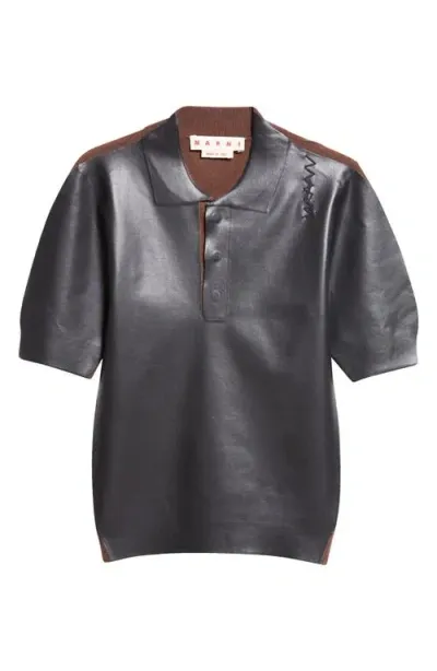 Marni Mixed Media Faux Leather Polo In Moca