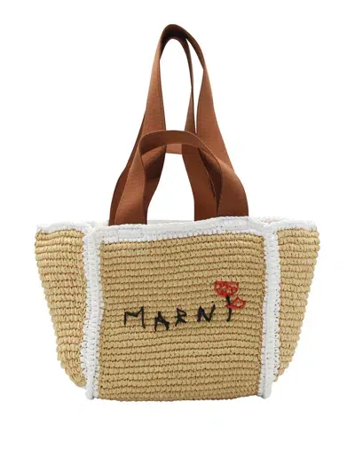 Marni Natural And White Raffia Tote Bag In Beige