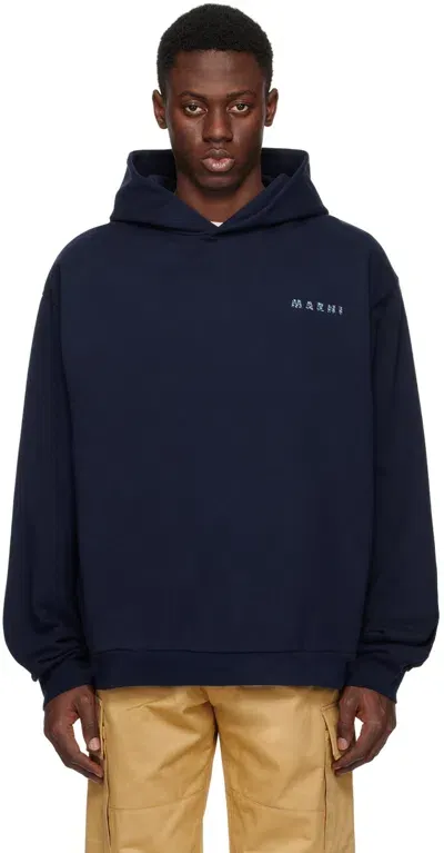 Marni Logo Print Hoodie In Blue