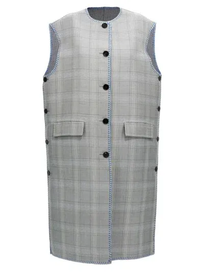 Marni Checked Reversible Long Vest In Blue