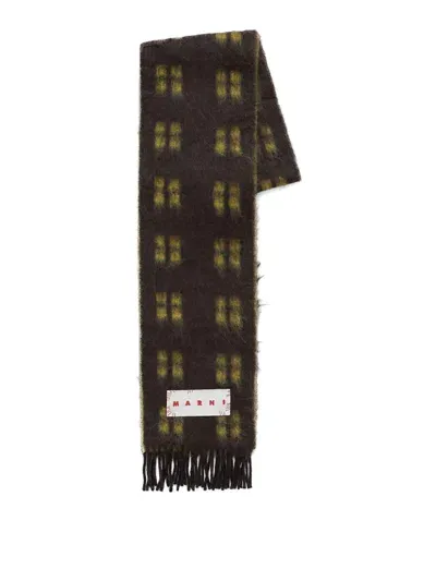 Marni Logo-patch Alpaca Wool-blend Scarf In Brown