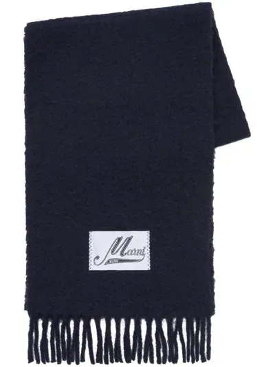 Marni Logo-patch Fringed Scarf In Blu Black