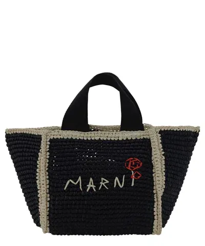 Marni Logo Detail Woven Tote In Black