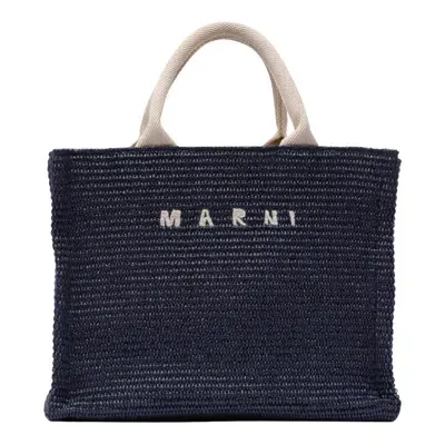 Marni Small Rafia Effect Logo Tote Bag In Blue