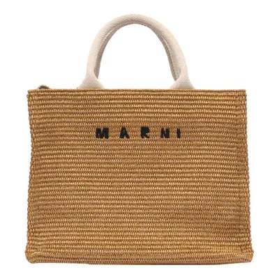 Marni Small Rafia Effect Logo Tote Bag In Paglia