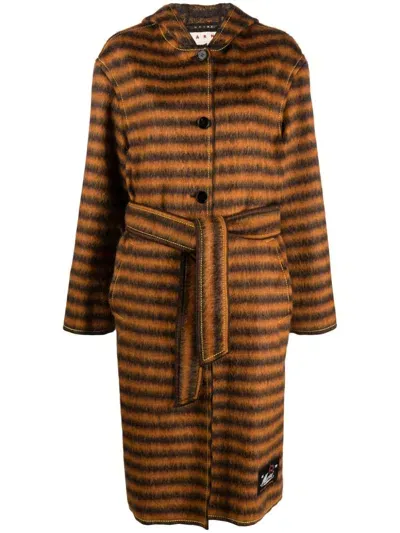 Marni Striped Hooded Coat In Orange