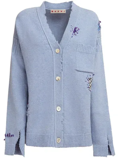 Marni Distressed Virgin-wool Cardigan In Blue