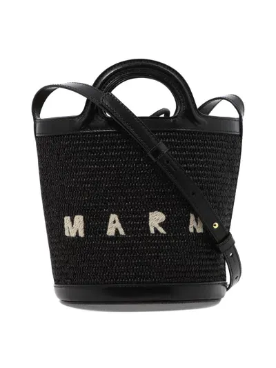 Marni Logo Embroidered Bucket Bag In Black