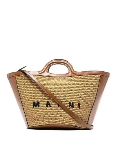 Marni Small Tropicalia Summer Bag In Brown Leather And Natural Raffia In Marrón