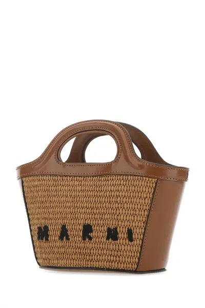 Marni Leather And Straw Shoulder Bag In Brown