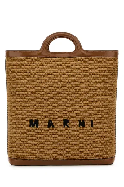 Marni Two-tone Raffia And Leather Tropicalia Bucket Bag In Marrone