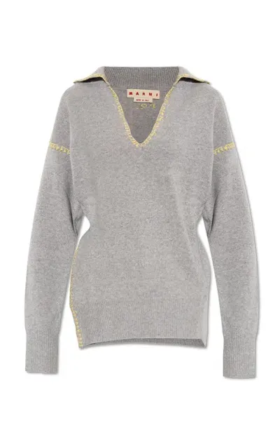 Marni Asymmetric V-neck Knitted Sweater In Grey